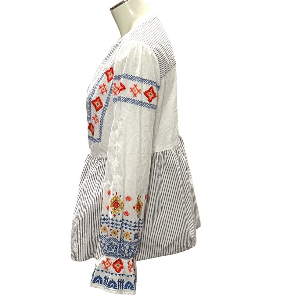 CCC Striped Bohemian Embroidered Long Sleeve Blouse V Neck Peplum Hem Coquette S - Picture 2 of 8